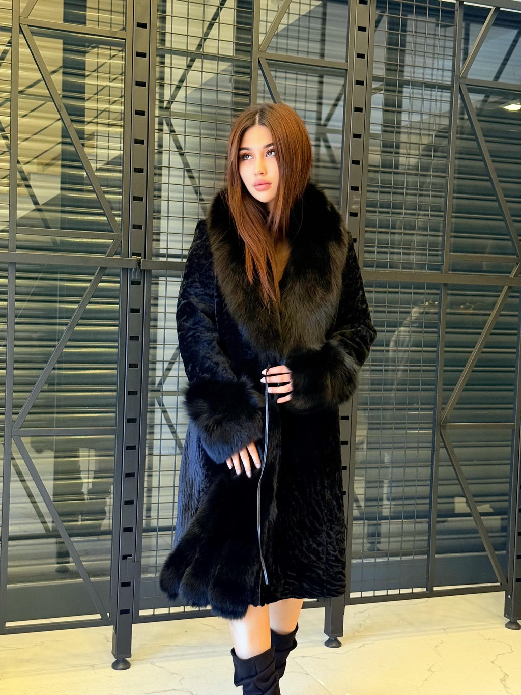 Handmade Astrakhan Lamb Fur Coat: Women’s Winter Collar Cuffs Fox Fur Jacket