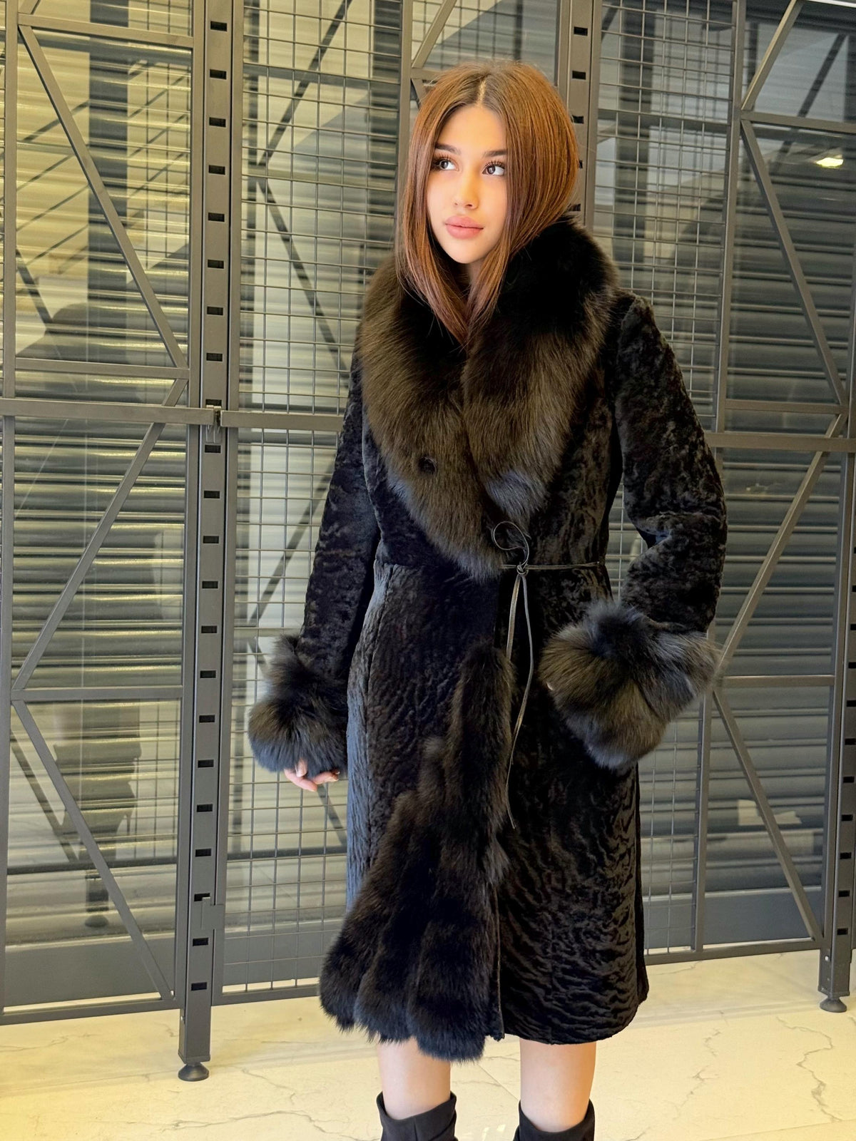 Handmade Astrakhan Lamb Fur Coat: Women’s Winter Collar Cuffs Fox Fur Jacket