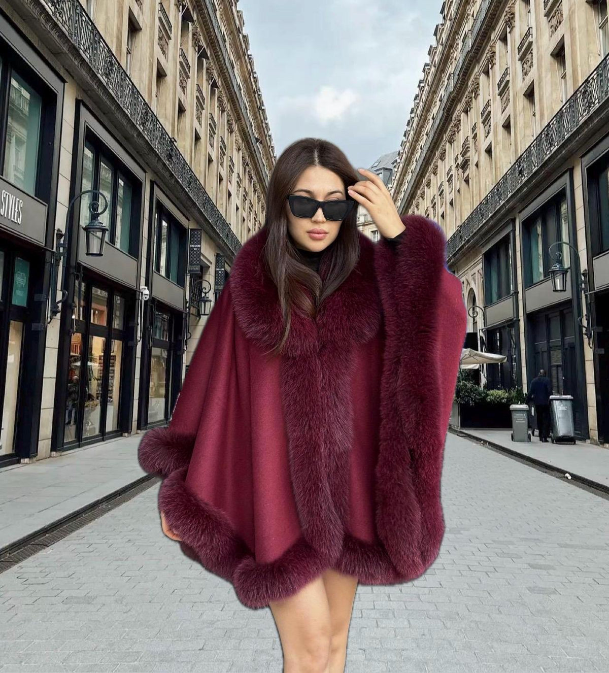 Red Cashmere Shawl With Fur Trim, Handmade Luxury Plus Size Fox Fur Jacket Cape