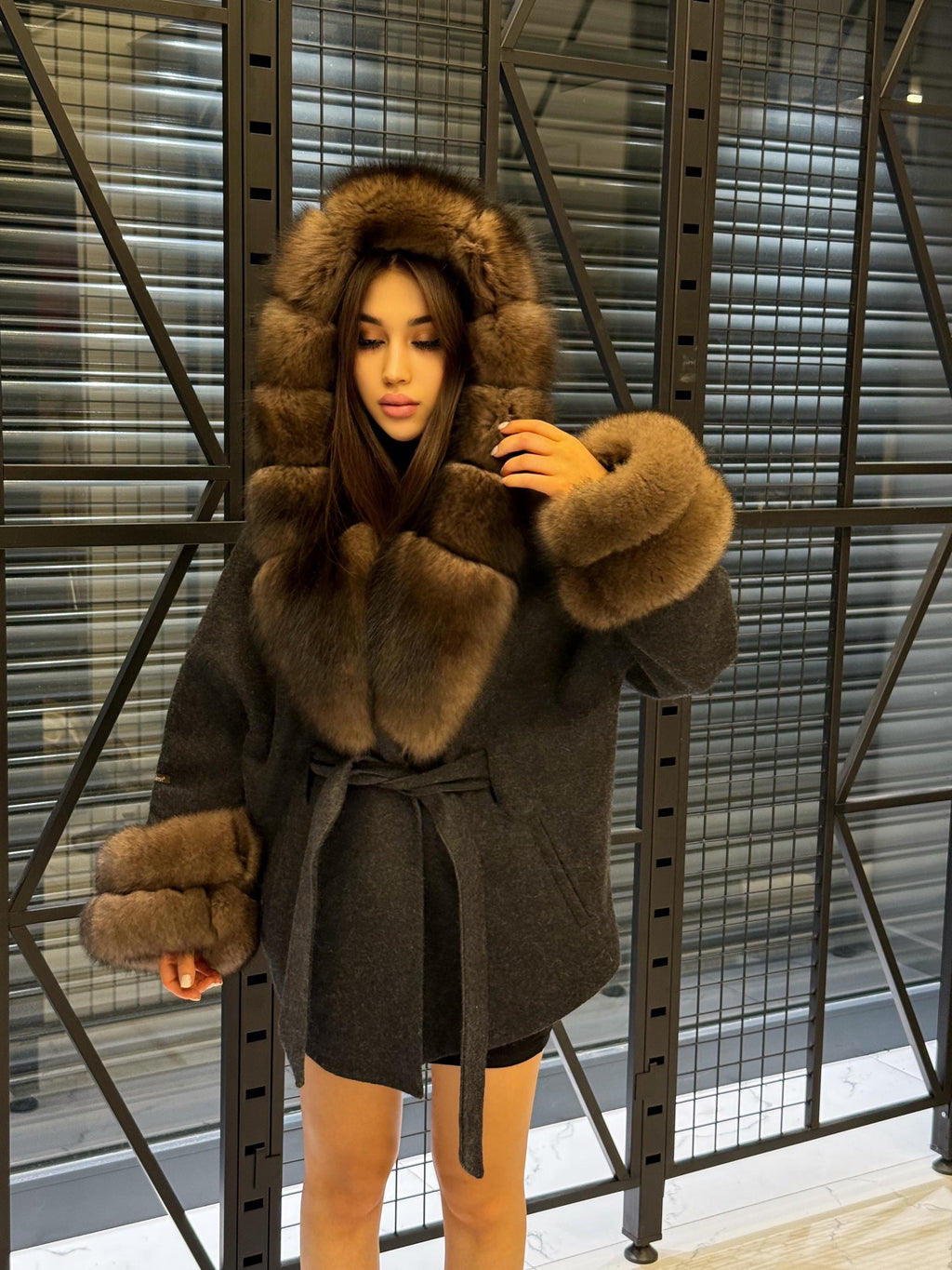Black Short Alpaca Wool Coat, Women’s Luxury Hood Cuffs - Fox Fur Jacket