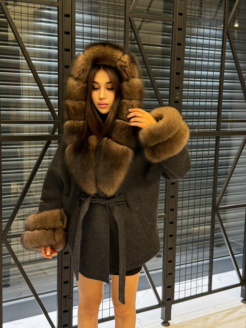 Black Short Alpaca Wool Coat, Women’s Luxury Hood Cuffs - Fox Fur Jacket