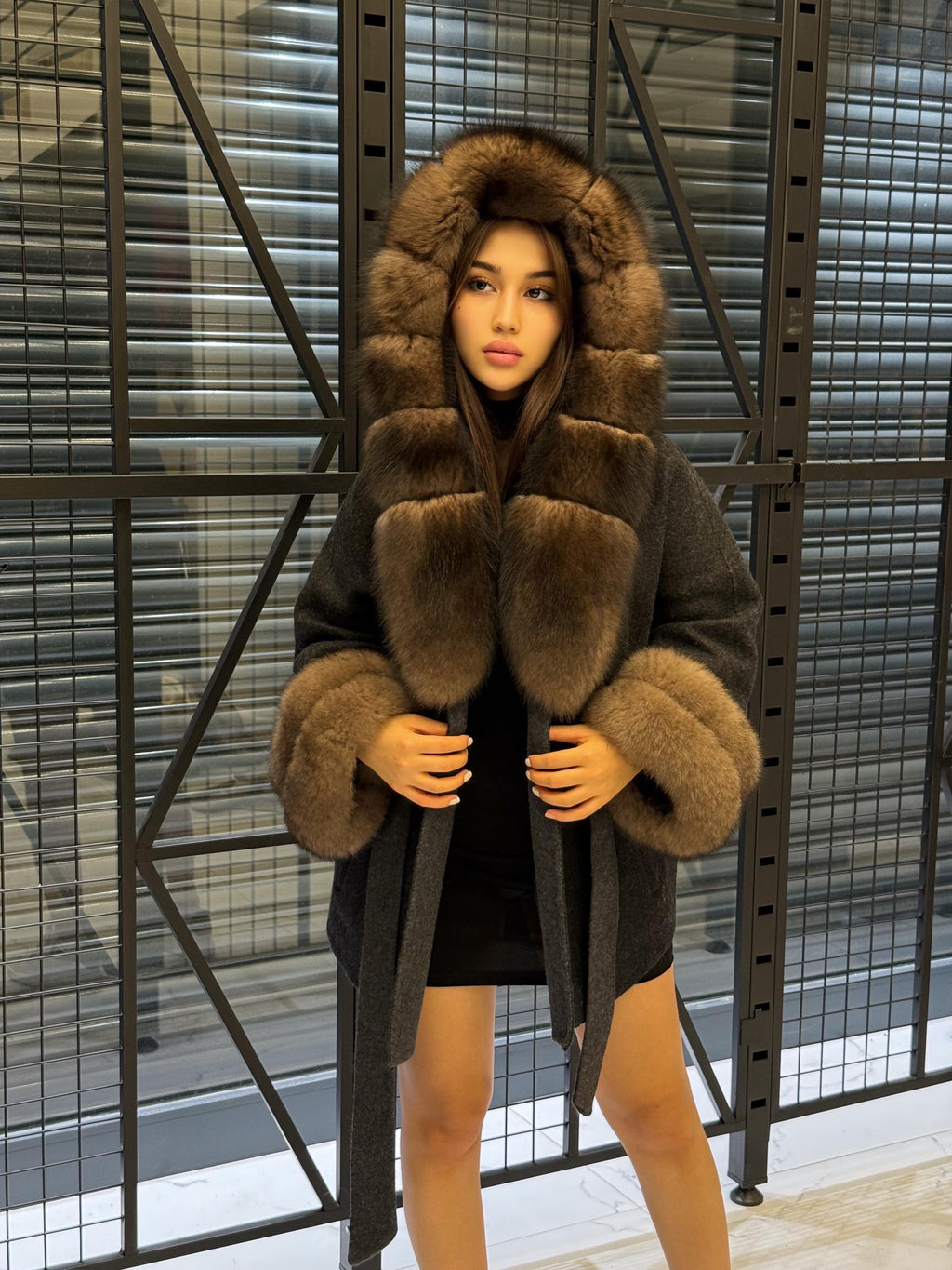 Black Short Alpaca Wool Coat, Women’s Luxury Hood Cuffs - Fox Fur Jacket