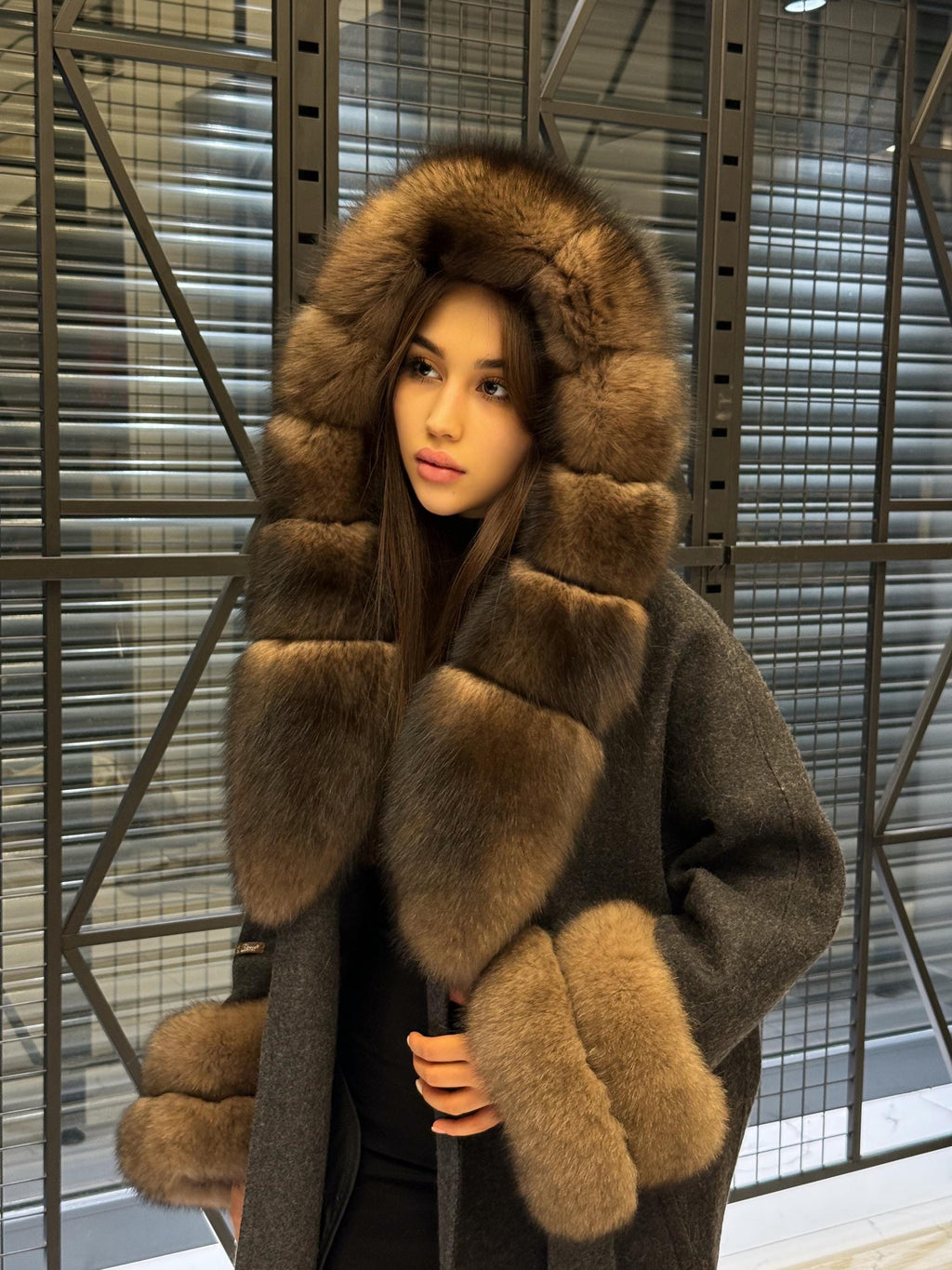 Black Short Alpaca Wool Coat, Women’s Luxury Hood Cuffs - Fox Fur Jacket