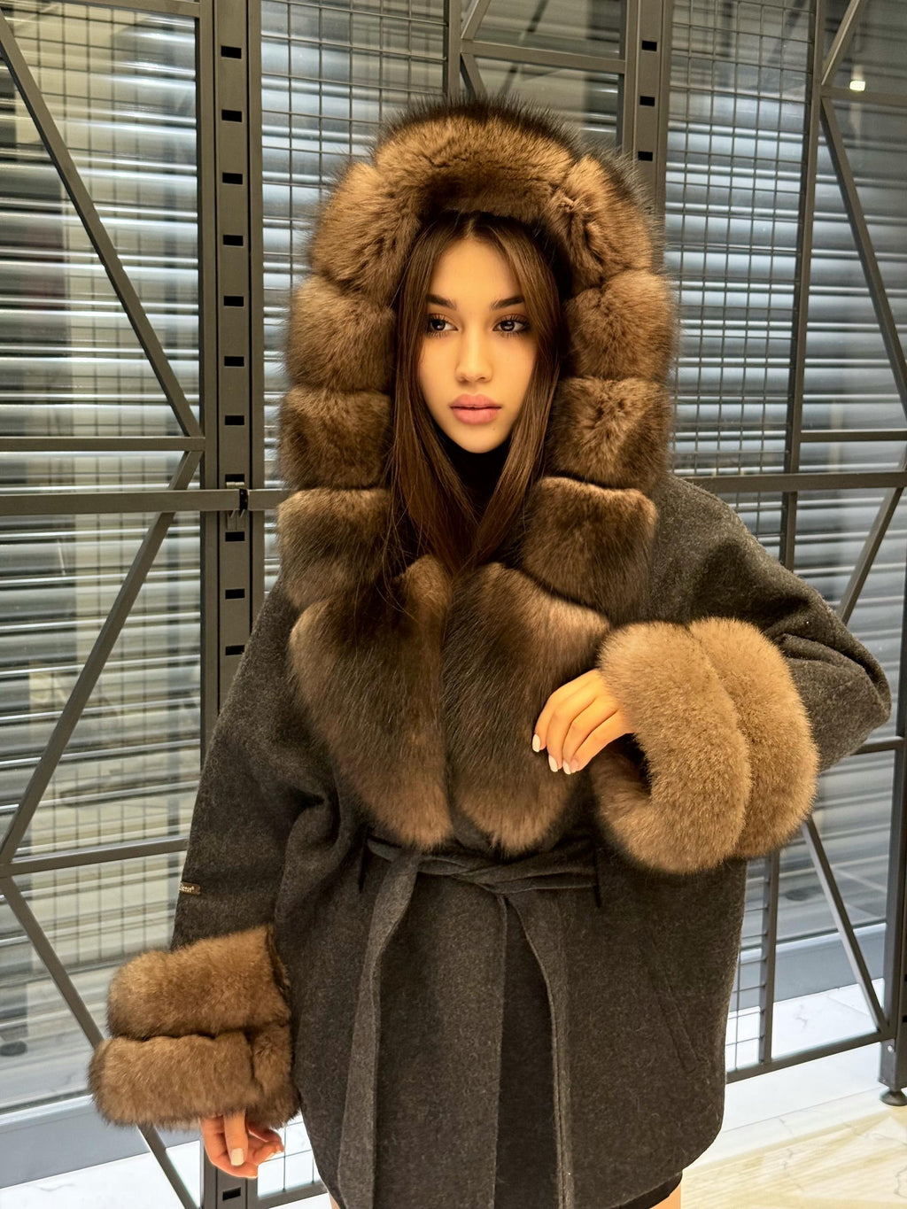 Black Short Alpaca Wool Coat, Women’s Luxury Hood Cuffs - Fox Fur Jacket
