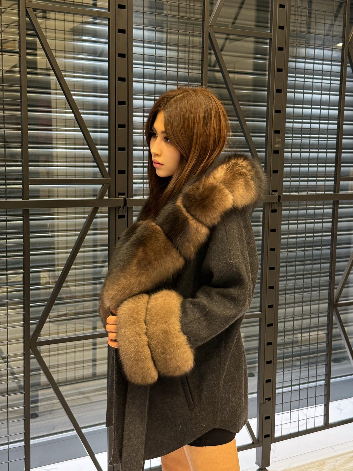 Black Short Alpaca Wool Coat, Women’s Luxury Hood Cuffs - Fox Fur Jacket