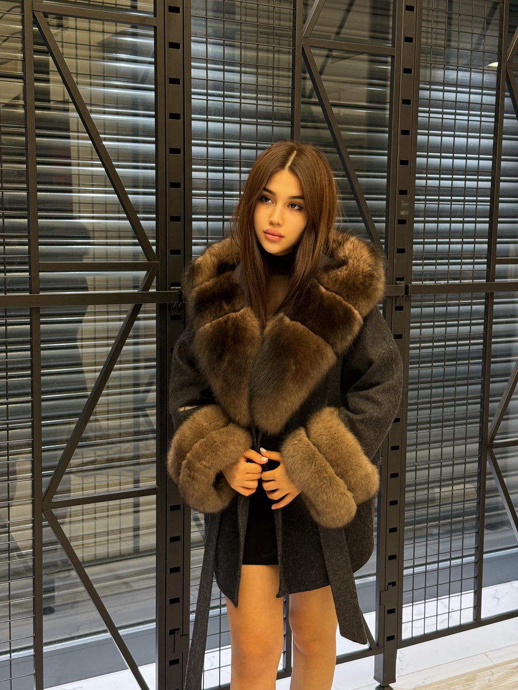 Black Short Alpaca Wool Coat, Women’s Luxury Hood Cuffs - Fox Fur Jacket