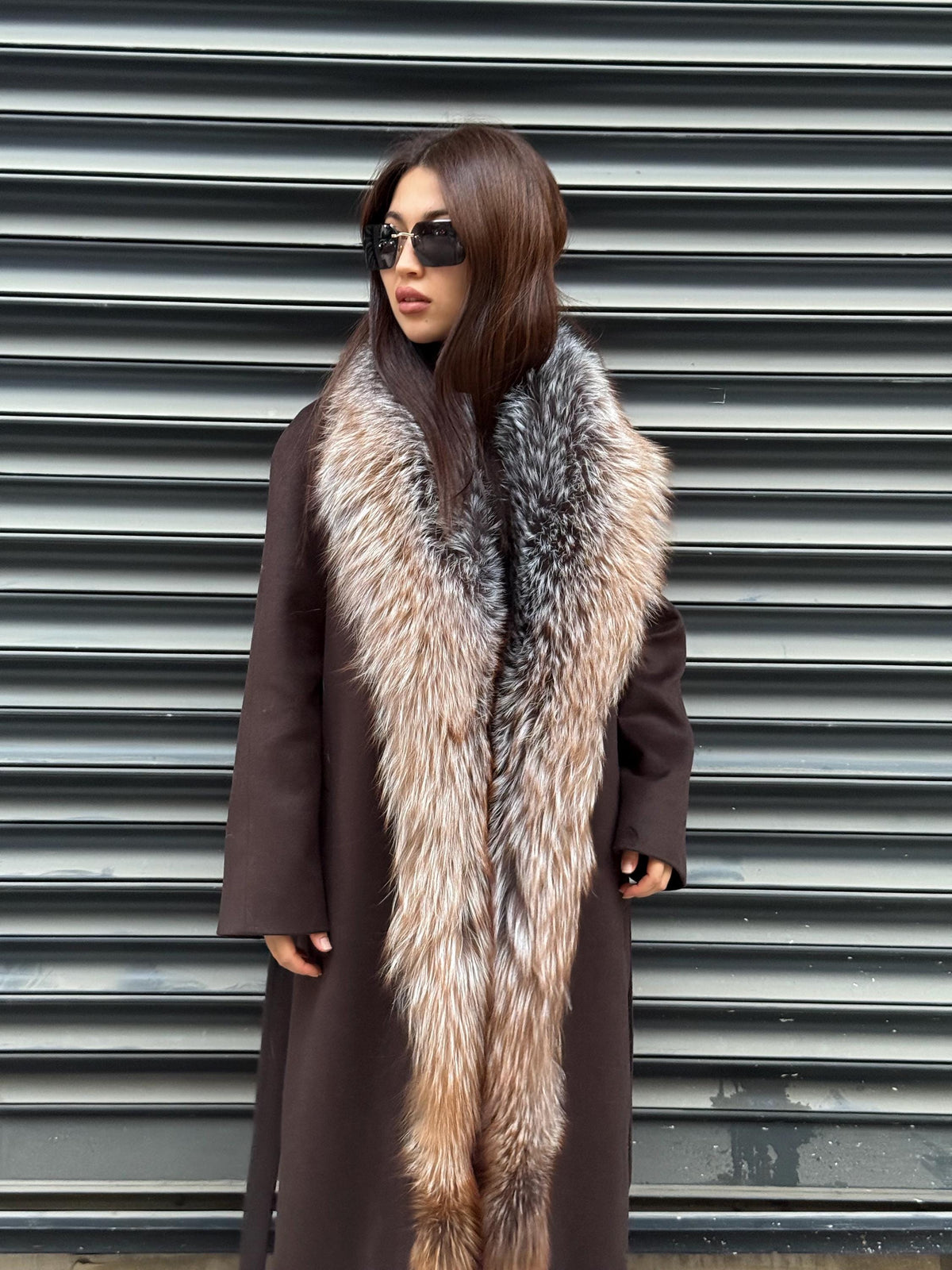 Brown Long Cashmere Coat, Front Argentina Fox Fur Jacket, Fox Fur Jacket..- Long Fox Fur Jacket..- Fox Fur