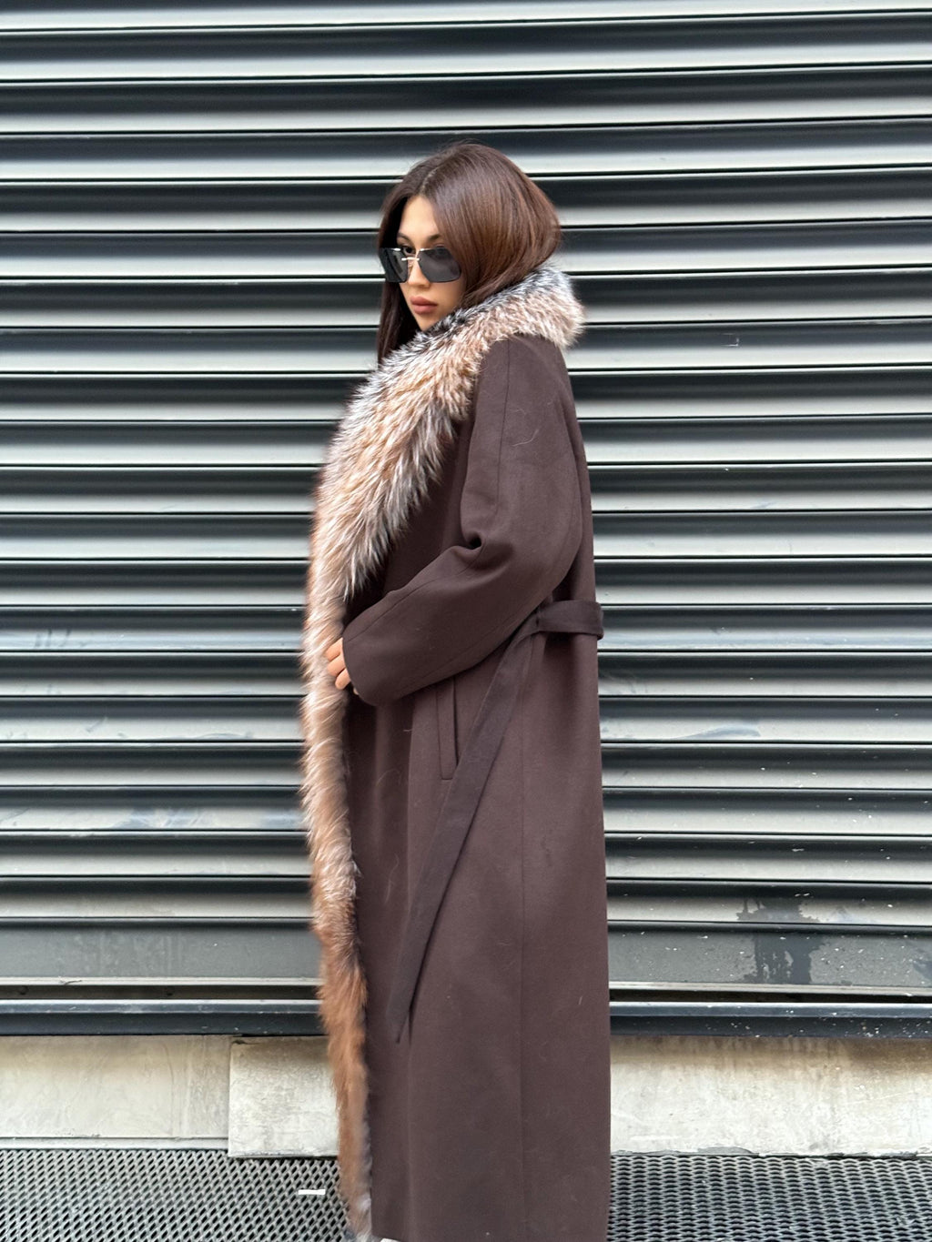Brown Long Cashmere Coat, Front Argentina Fox Fur Jacket, Fox Fur Jacket..- Long Fox Fur Jacket..- Fox Fur