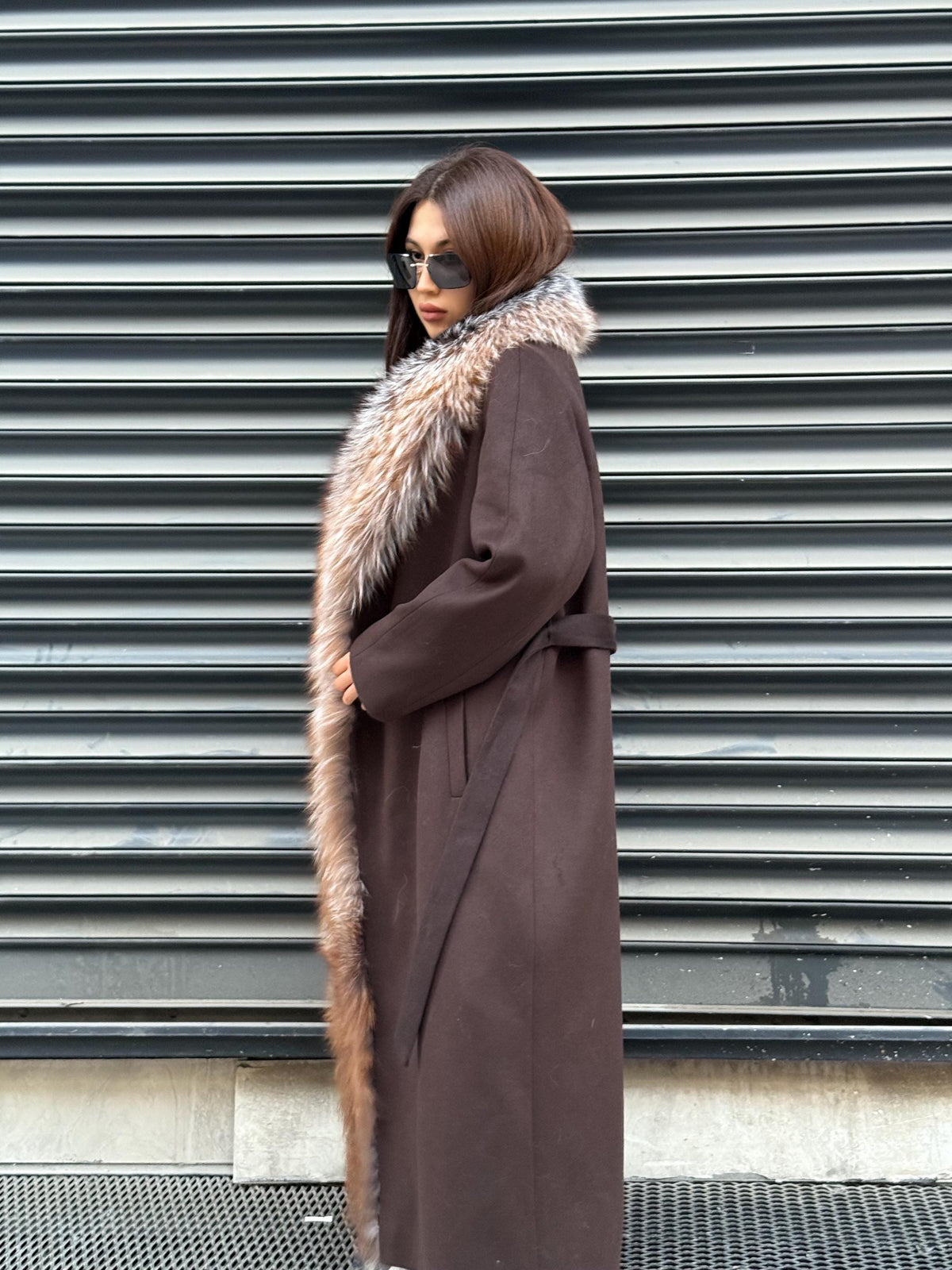 Brown Long Cashmere Coat, Front Argentina Fox Fur Jacket, Fox Fur Jacket..- Long Fox Fur Jacket..- Fox Fur