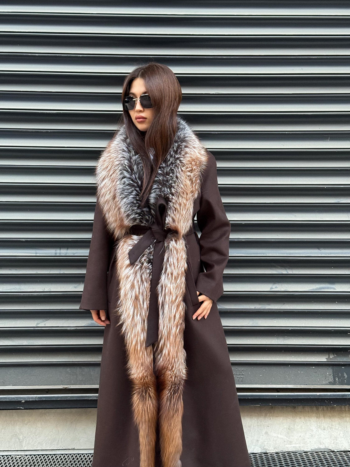 Brown Long Cashmere Coat, Front Argentina Fox Fur Jacket, Fox Fur Jacket..- Long Fox Fur Jacket..- Fox Fur