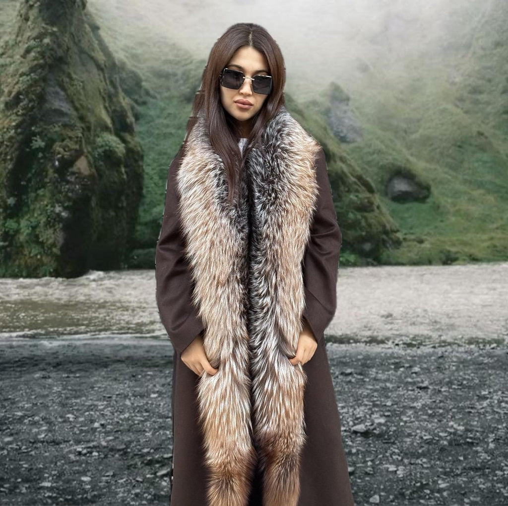 Brown Long Cashmere Coat, Front Argentina Fox Fur Jacket, Fox Fur Jacket..- Long Fox Fur Jacket..- Fox Fur