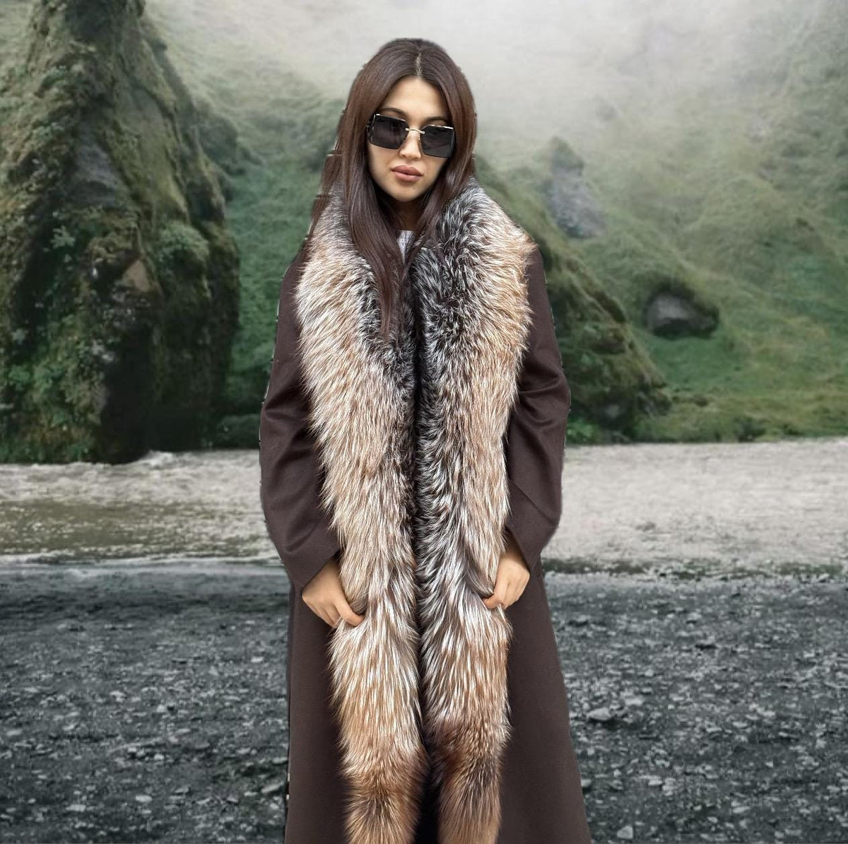 Brown Long Cashmere Coat, Front Argentina Fox Fur Jacket, Fox Fur Jacket..- Long Fox Fur Jacket..- Fox Fur