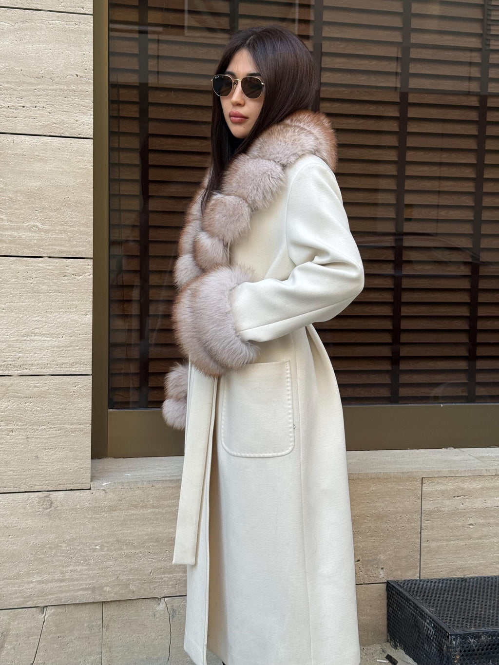 White Cashmere Cape, Collar Cuffs Fox Fur Jacket, Luxury Handmade Long Wool Coat Women