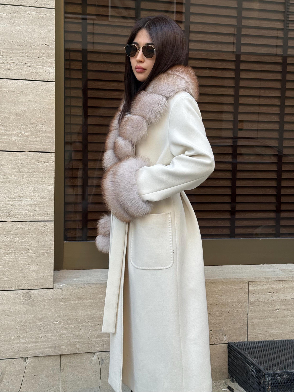 White Cashmere Cape, Collar Cuffs Fox Fur Jacket, Luxury Handmade Long Wool Coat Women