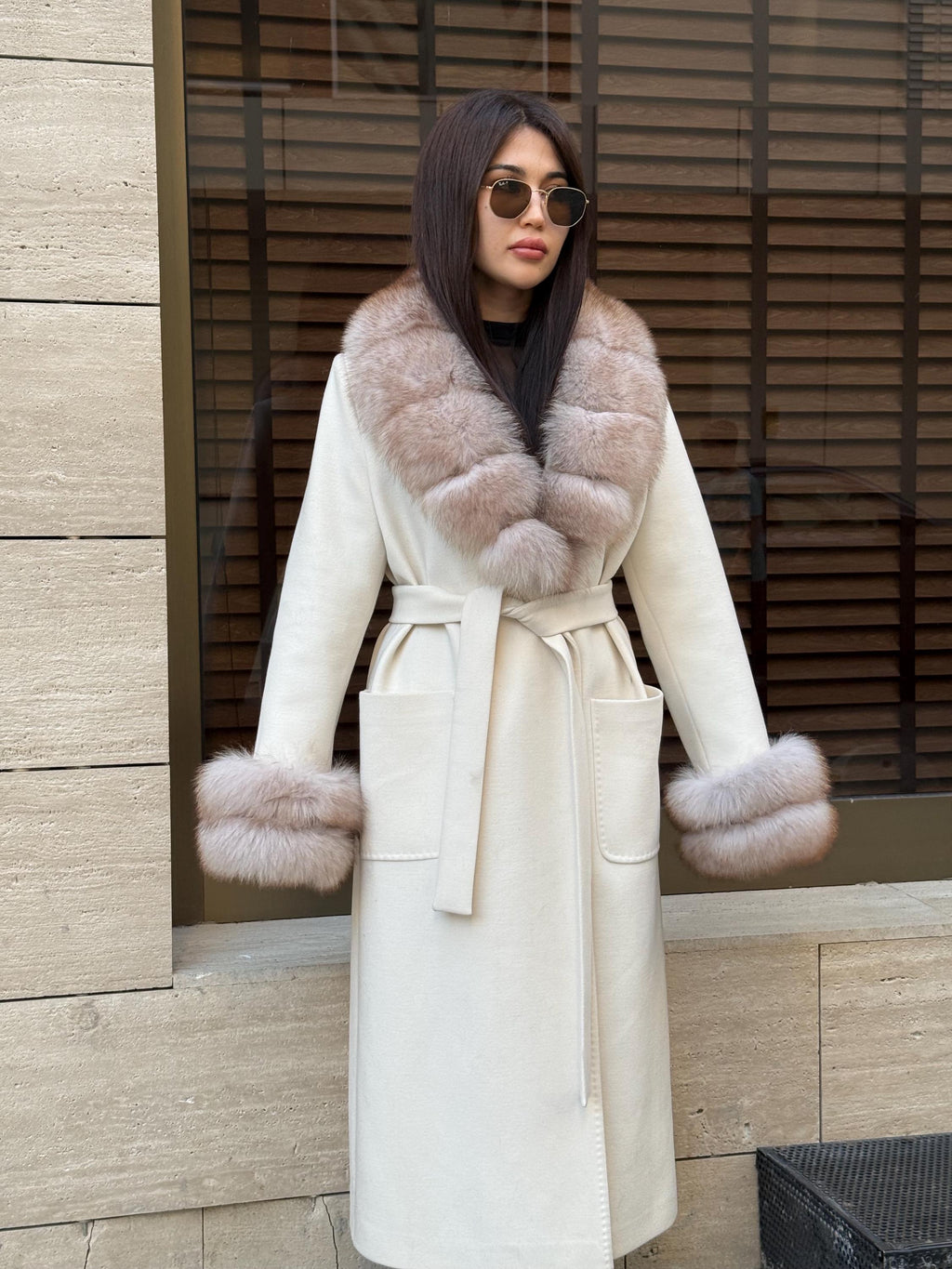 White Cashmere Cape, Collar Cuffs Fox Fur Jacket, Luxury Handmade Long Wool Coat Women