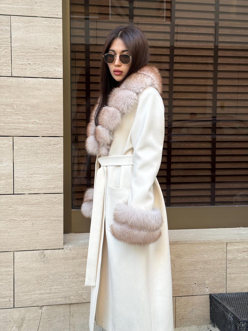 White Cashmere Cape, Collar Cuffs Fox Fur Jacket, Luxury Handmade Long Wool Coat Women