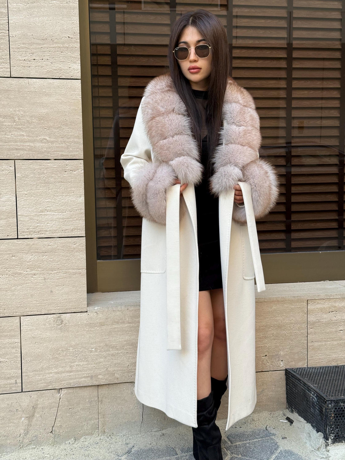 White Cashmere Cape, Collar Cuffs Fox Fur Jacket, Luxury Handmade Long Wool Coat Women
