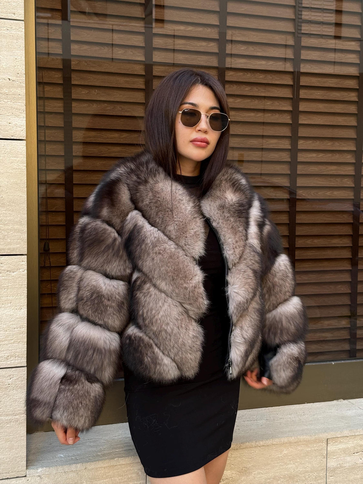 Women’s Luxury Fox Fur Jacket, Ombre Beige Handmade Short Women Fur Coat