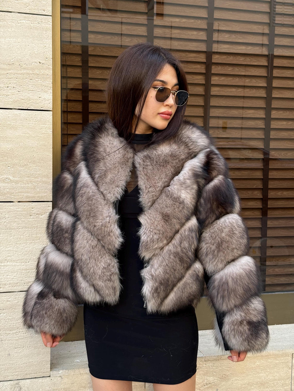 Women’s Luxury Fox Fur Jacket, Ombre Beige Handmade Short Women Fur Coat