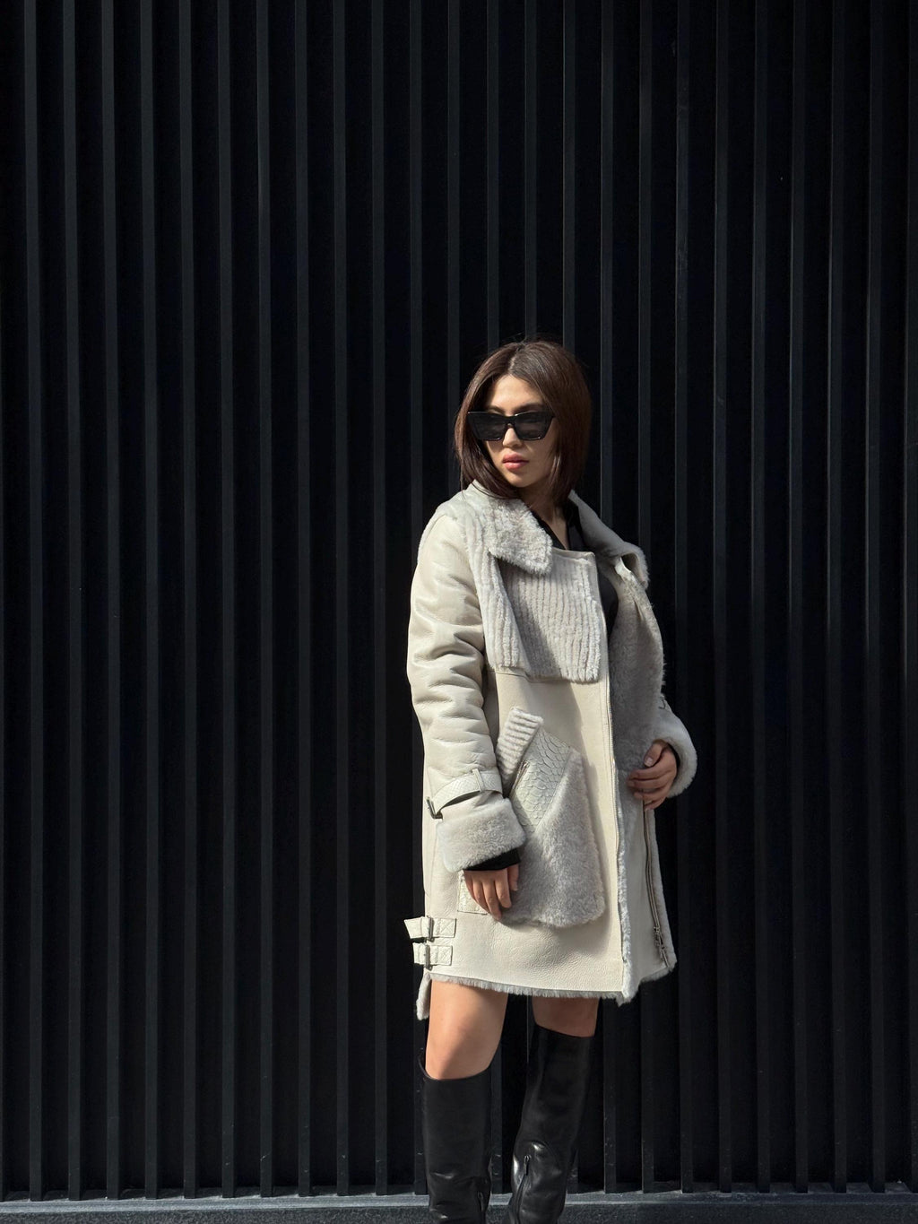 Women’s Beige Shearling Coat, Luxury Lambskin & Mouton Jacket with Python Accents