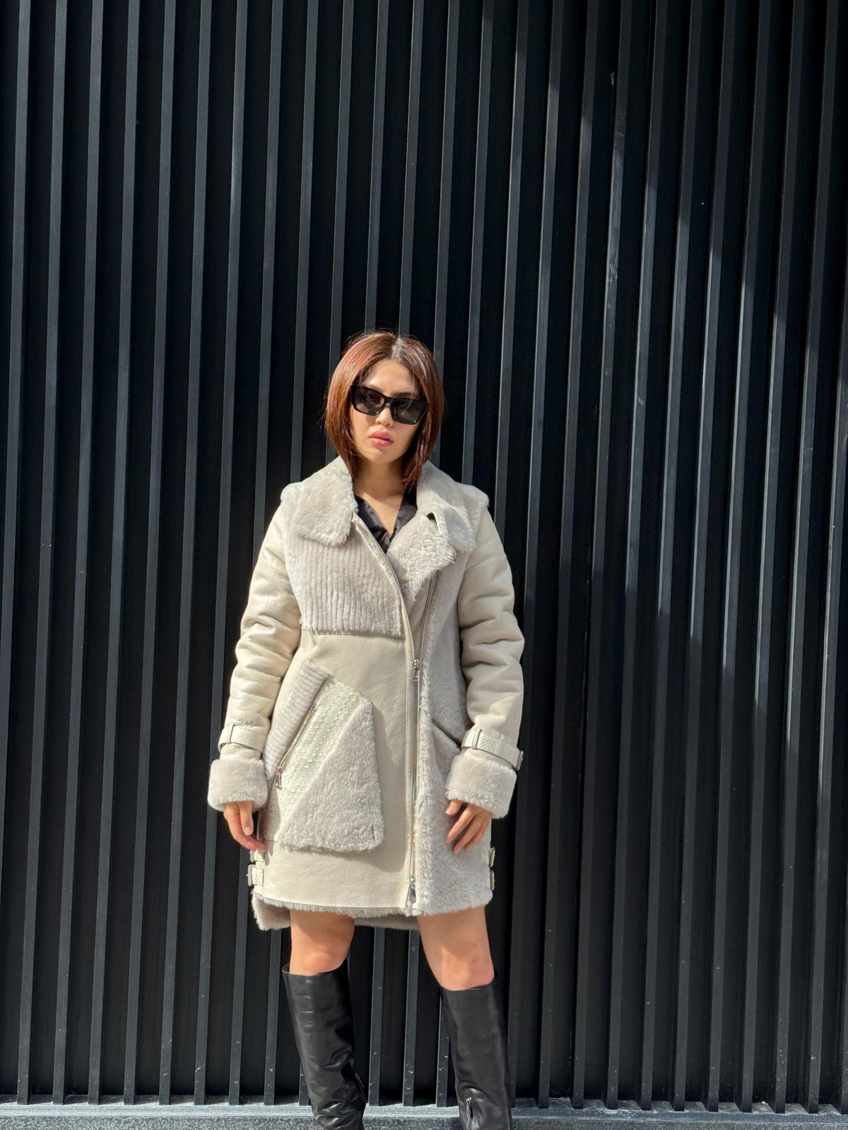 Women’s Beige Shearling Coat, Luxury Lambskin & Mouton Jacket with Python Accents