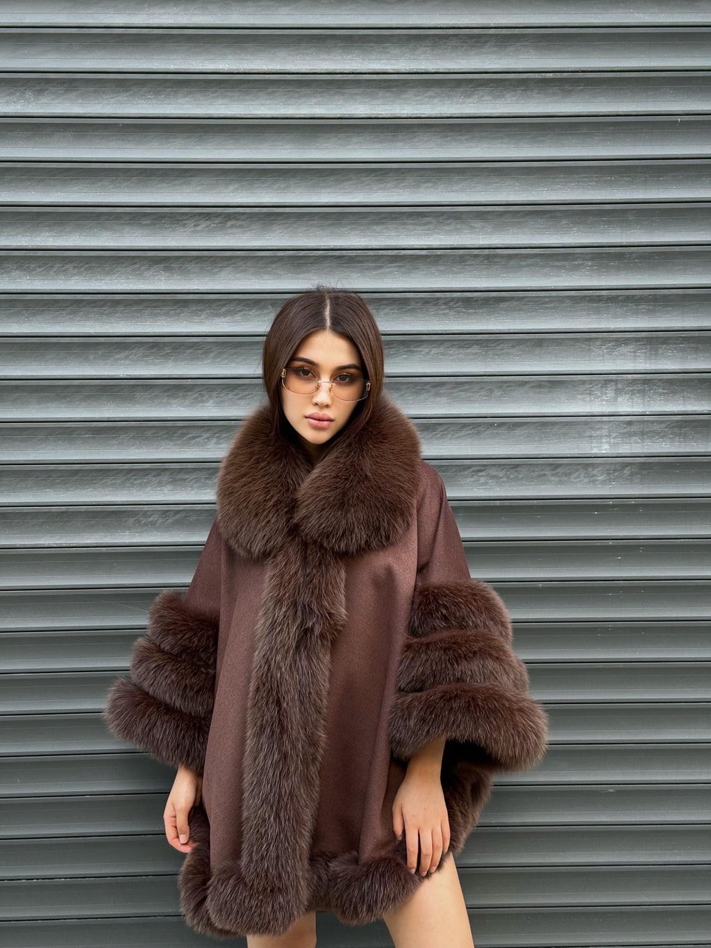 Brown Cashmere Cape with Fur Trim, Handmade Wool & Fox Fur Coat