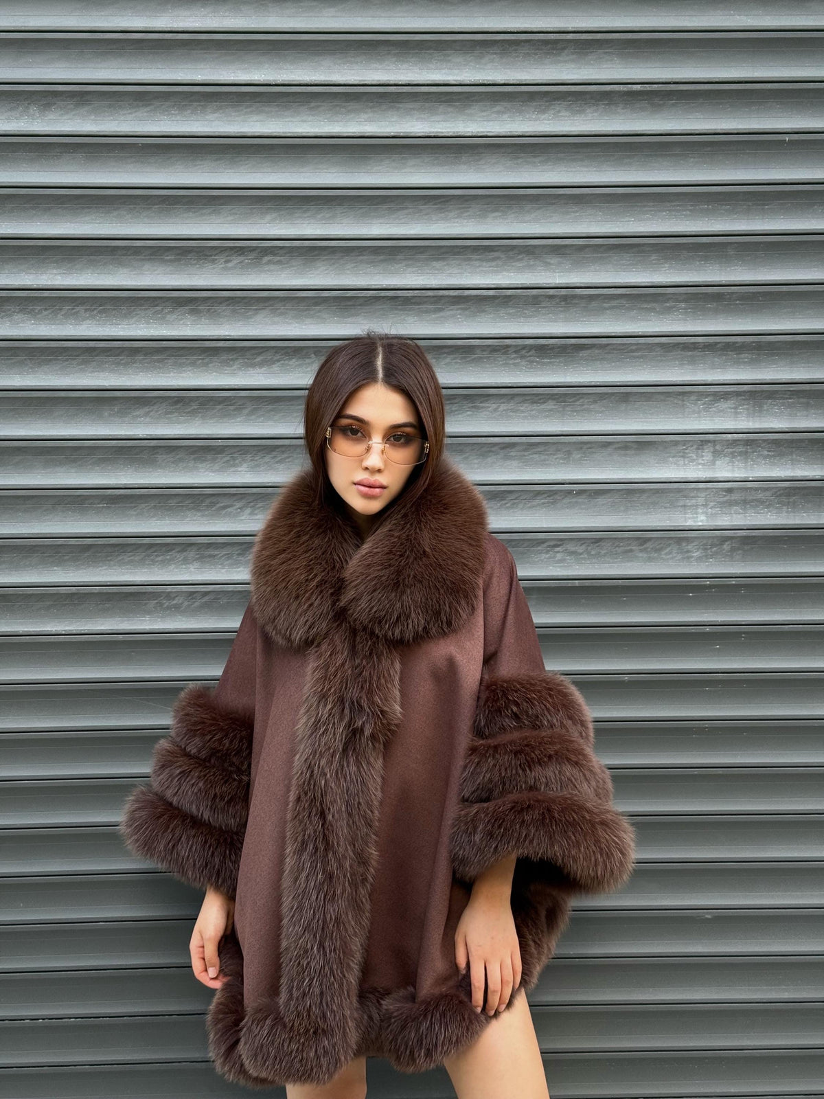 Brown Cashmere Cape with Fur Trim, Handmade Wool & Fox Fur Coat