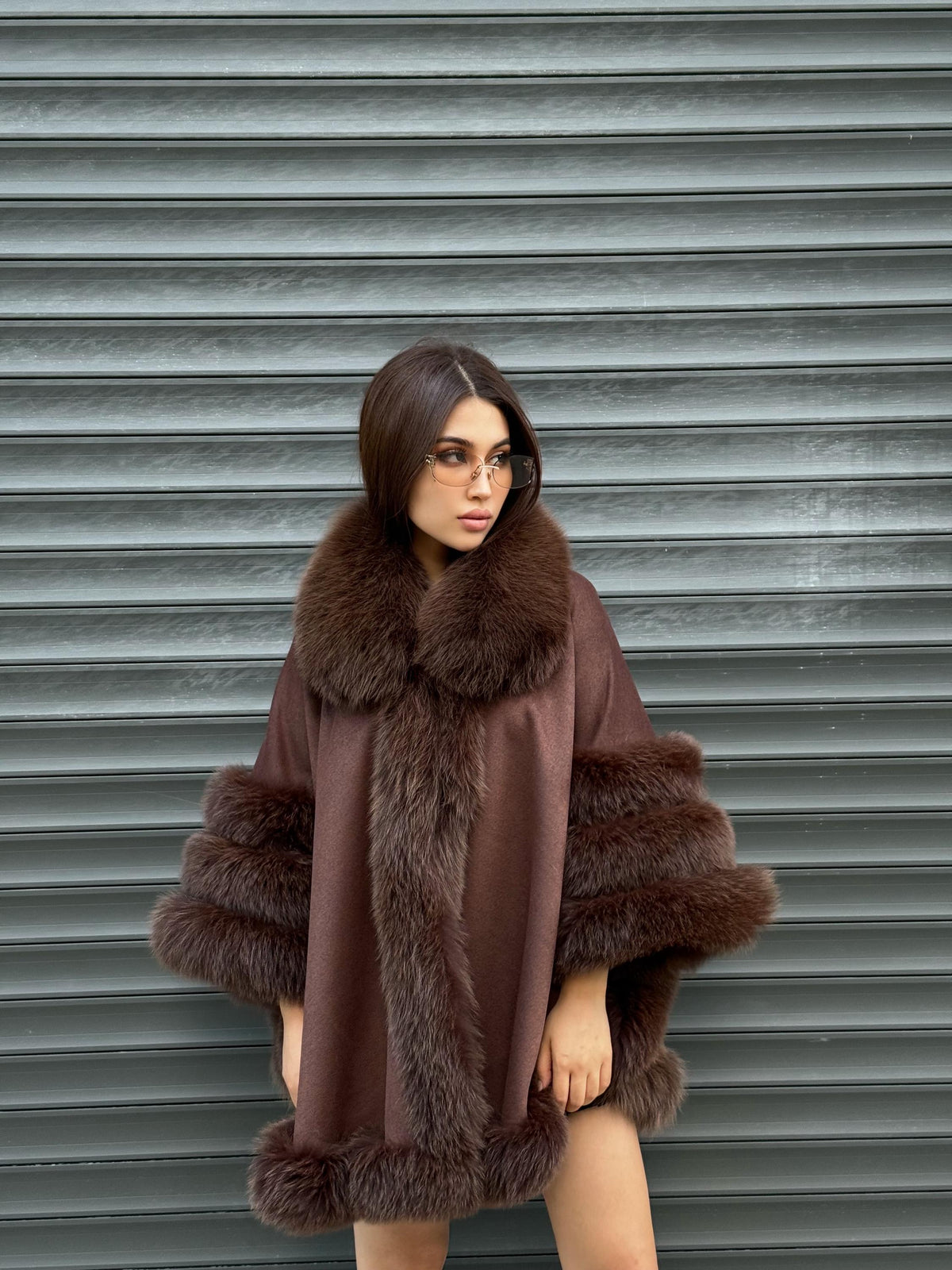 Brown Cashmere Cape with Fur Trim, Handmade Wool & Fox Fur Coat