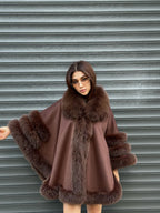 Brown Cashmere Cape with Fur Trim, Handmade Wool & Fox Fur Coat