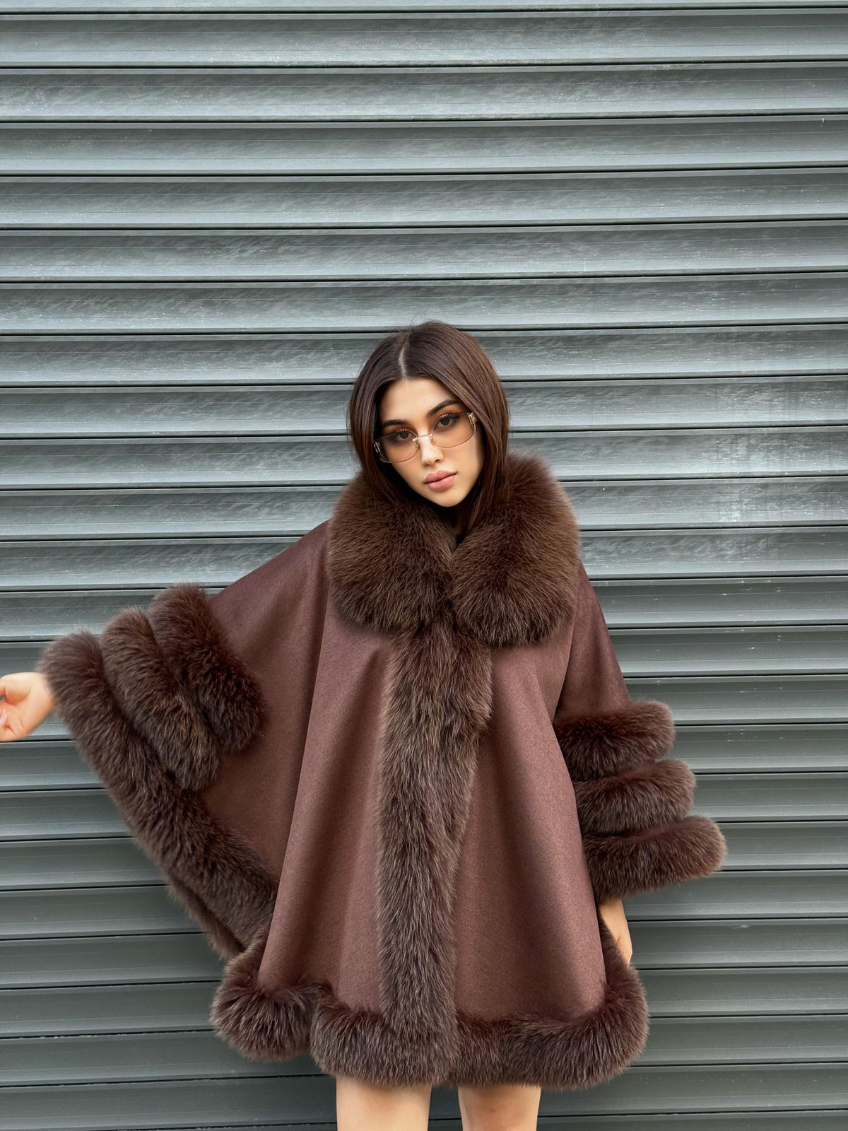 Brown Cashmere Cape with Fur Trim, Handmade Wool & Fox Fur Coat