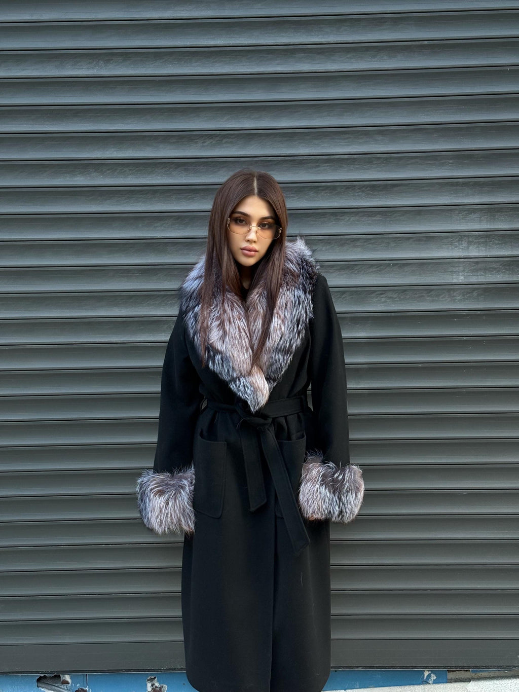 Women’s Long Black Cashmere Coat, Handmade Collar Cuffs Fox Fur Jacket