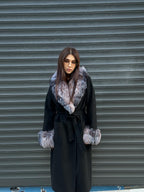 Women’s Long Black Cashmere Coat, Handmade Collar Cuffs Fox Fur Jacket