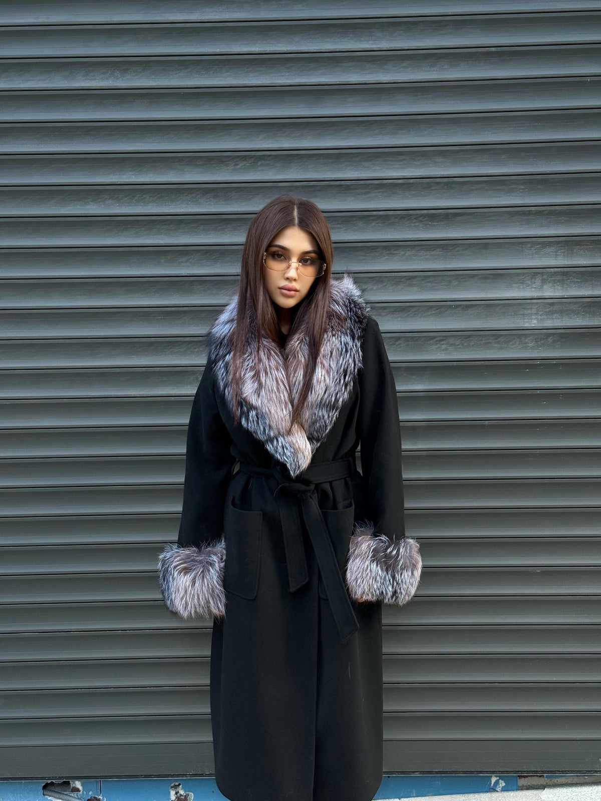 Women’s Long Black Cashmere Coat, Handmade Collar Cuffs Fox Fur Jacket