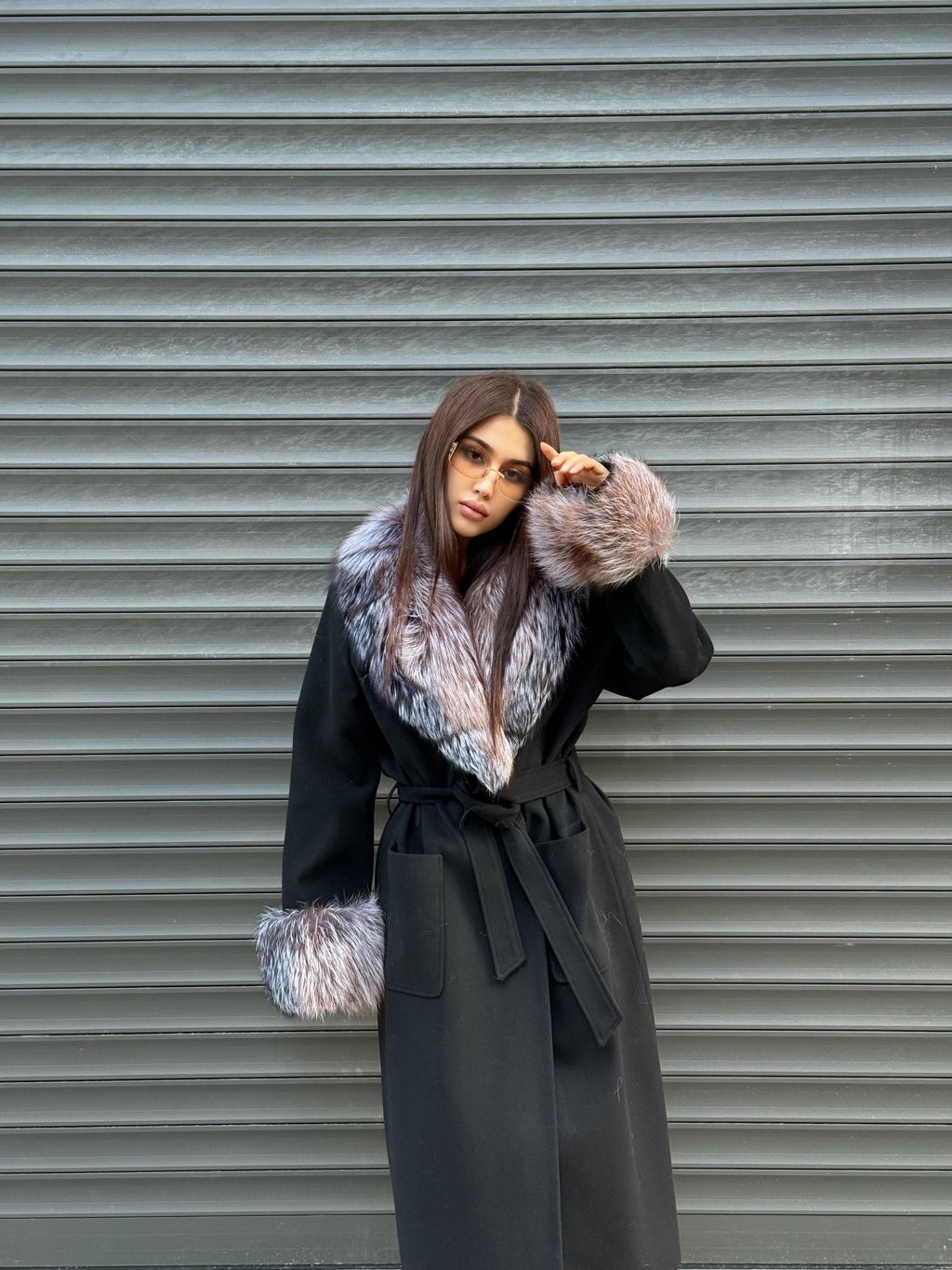 Women’s Long Black Cashmere Coat, Handmade Collar Cuffs Fox Fur Jacket
