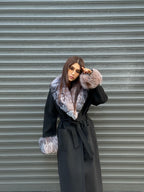 Women’s Long Black Cashmere Coat, Handmade Collar Cuffs Fox Fur Jacket
