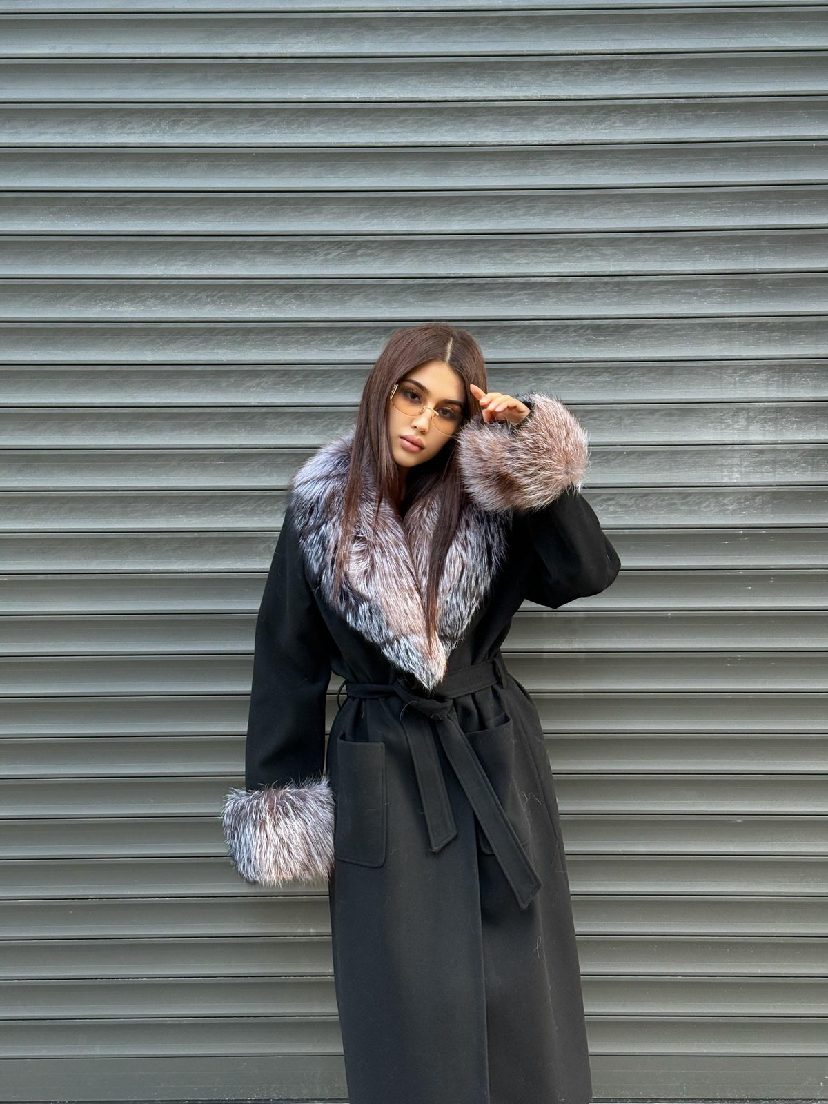 Women’s Long Black Cashmere Coat, Handmade Collar Cuffs Fox Fur Jacket