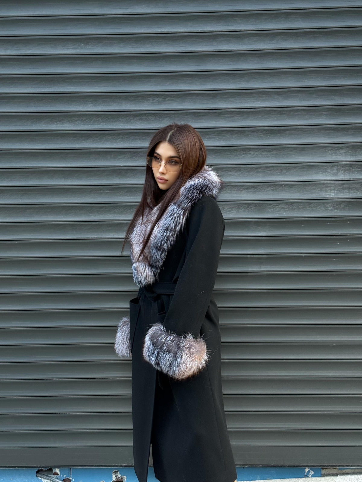 Women’s Long Black Cashmere Coat, Handmade Collar Cuffs Fox Fur Jacket