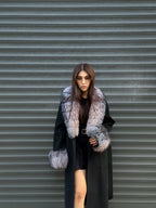 Women’s Long Black Cashmere Coat, Handmade Collar Cuffs Fox Fur Jacket