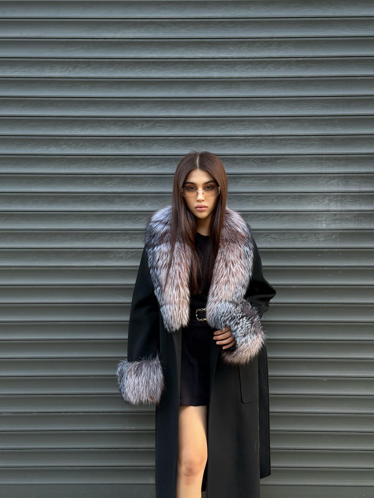 Women’s Long Black Cashmere Coat, Handmade Collar Cuffs Fox Fur Jacket