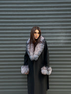 Women’s Long Black Cashmere Coat, Handmade Collar Cuffs Fox Fur Jacket