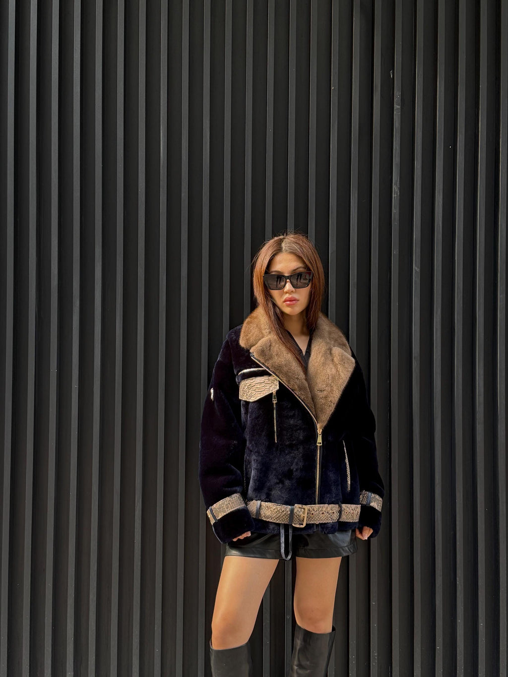 Navy Blue Astrakhan Jacket, Premium Short Women’s Mink - Python Shearling Coat. LIMITED EDITION