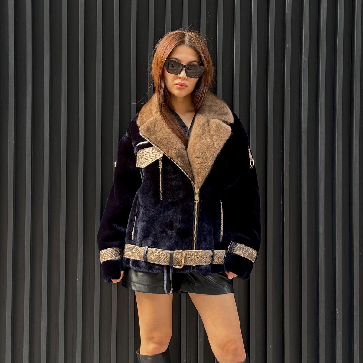 Navy Blue Astrakhan Jacket, Premium Short Women’s Mink - Python Shearling Coat. LIMITED EDITION