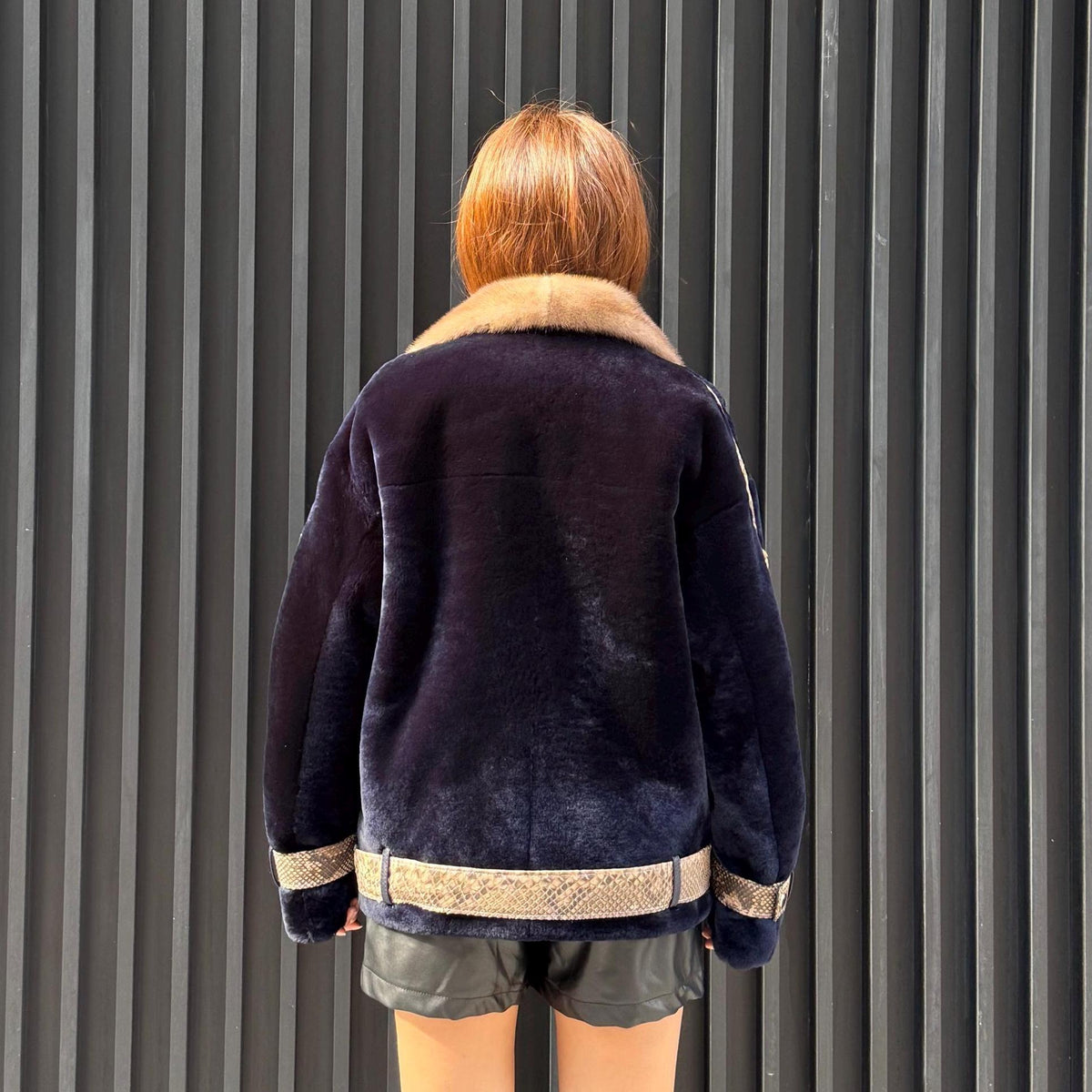 Navy Blue Astrakhan Jacket, Premium Short Women’s Mink - Python Shearling Coat. LIMITED EDITION