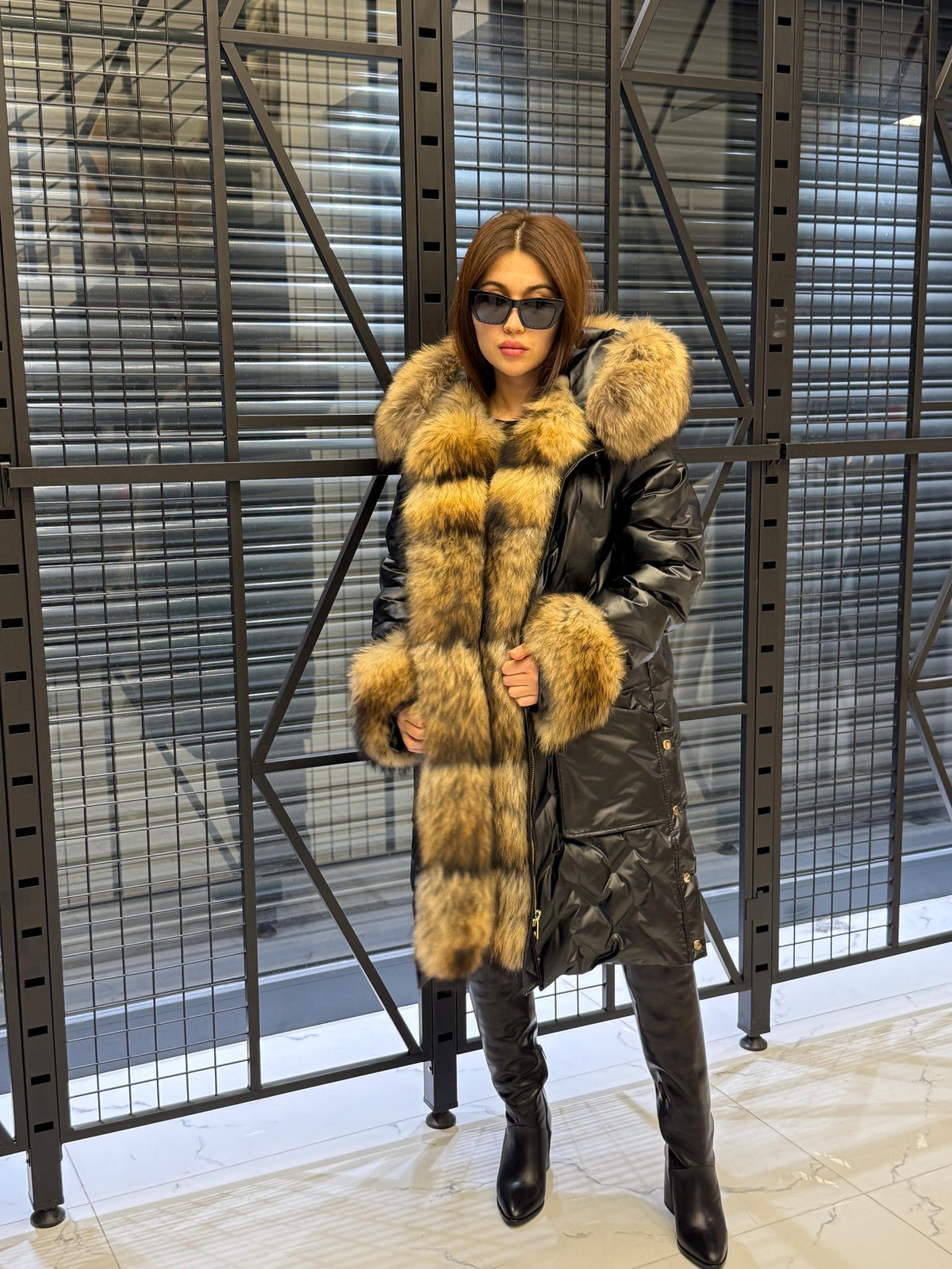 Black Parka Puffer Coat, Women’s Hooded Front Cuffs Raccoon Fox Fur Jacket
