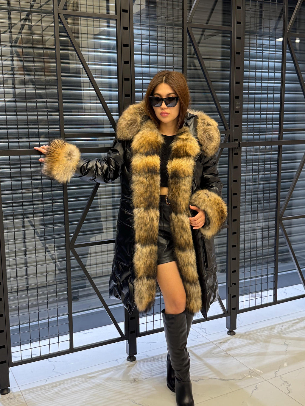 Black Parka Puffer Coat, Women’s Hooded Front Cuffs Raccoon Fox Fur Jacket