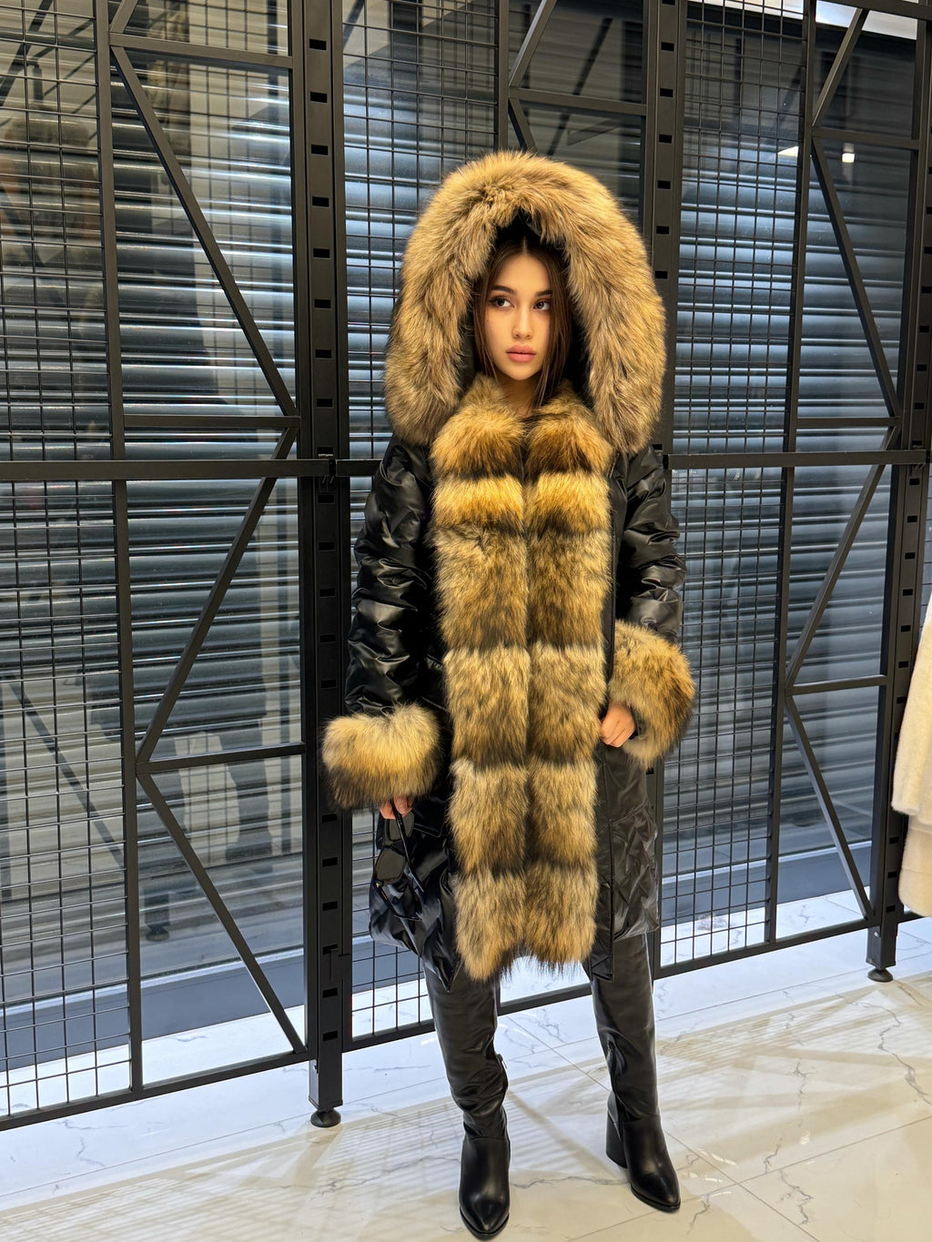 Black Parka Puffer Coat, Women’s Hooded Front Cuffs Raccoon Fox Fur Jacket