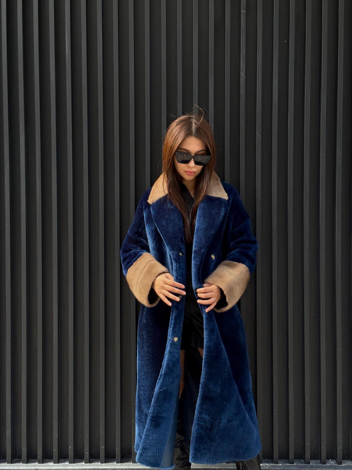 Navy Blue Long Astrakhan Coat, Premium Women’s Collar & Cuffs Mink Fur Shearling Jacket. LIMITED EDITION