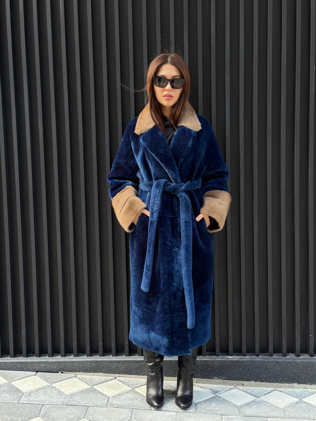 Navy Blue Long Astrakhan Coat, Premium Women’s Collar & Cuffs Mink Fur Shearling Jacket. LIMITED EDITION