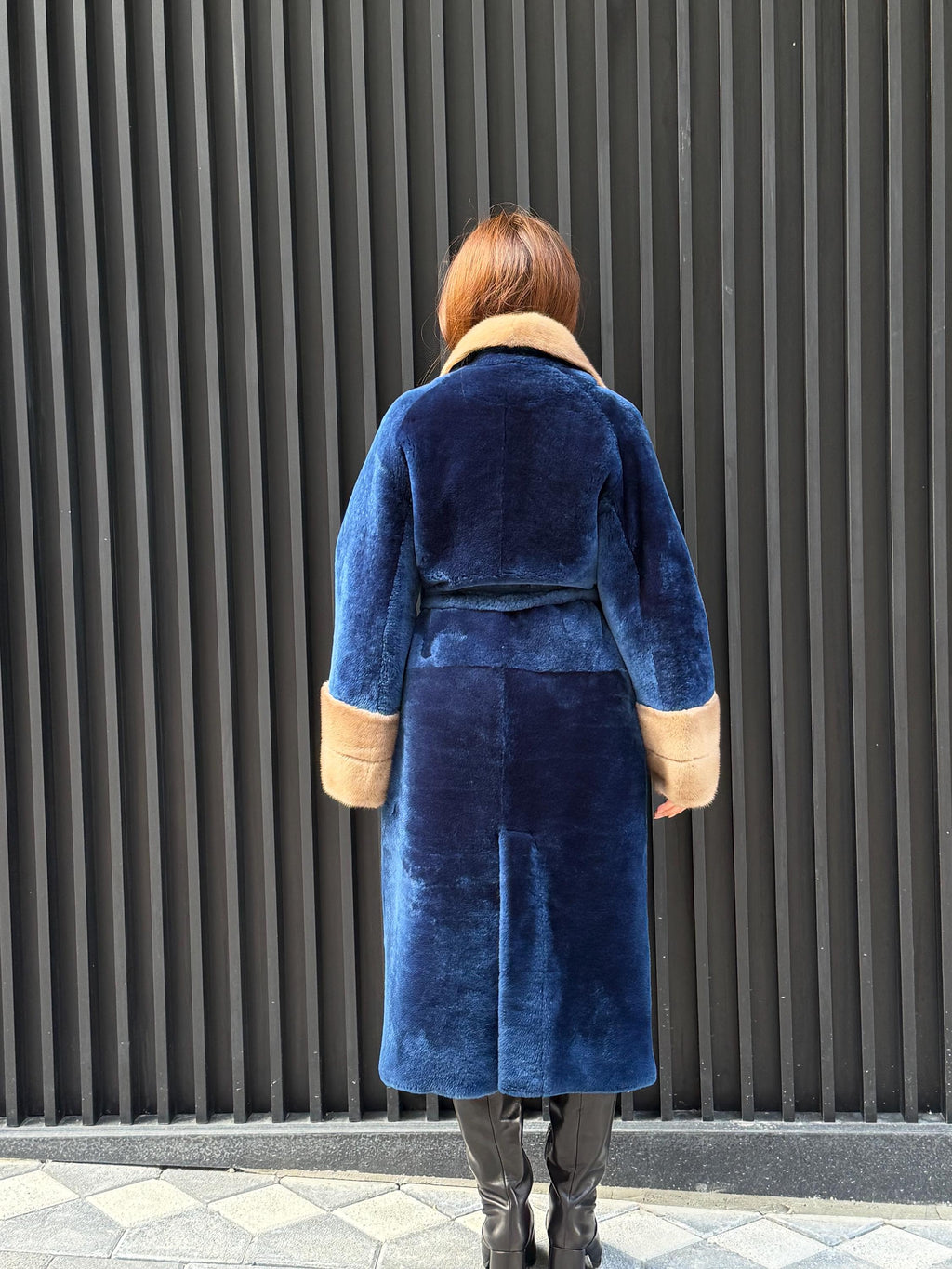 Navy Blue Long Astrakhan Coat, Premium Women’s Collar & Cuffs Mink Fur Shearling Jacket. LIMITED EDITION