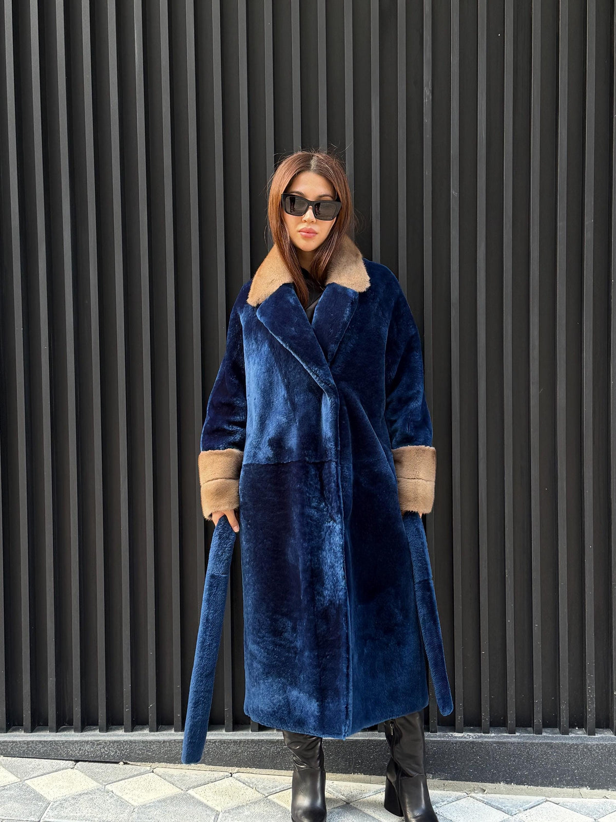 Navy Blue Long Astrakhan Coat, Premium Women’s Collar & Cuffs Mink Fur Shearling Jacket. LIMITED EDITION
